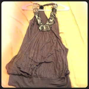 Gray rose chest balloon blouse